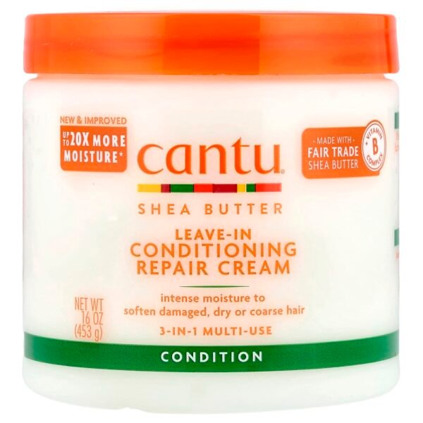 Cantu Leave-In Conditioning Repair Cream بزبدة الشيا لترطيب وتنعيم الشعر وتقليل الهيشان، مناسب للشعر الكيرلي والمموج والجاف.