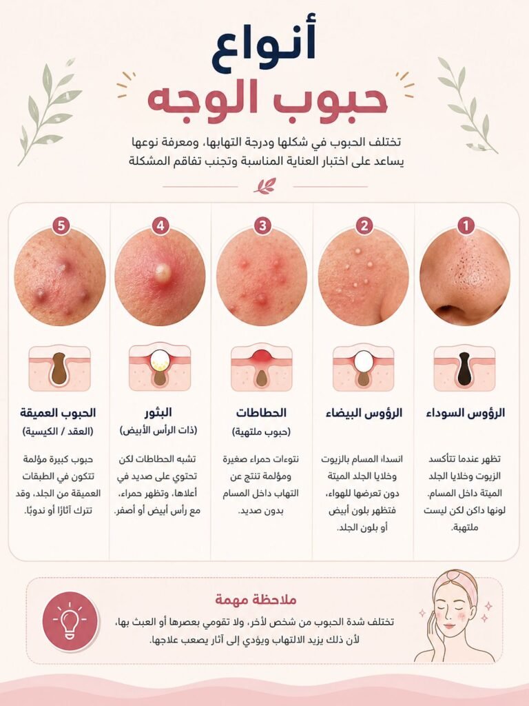 أنواع حبوب الوجه بالصور والرؤوس السوداء والبيضاء والحبوب الملتهبة