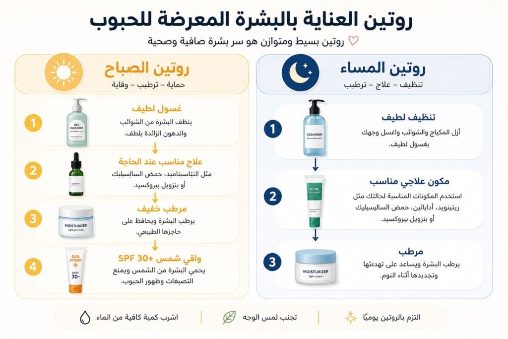 روتين العناية بالبشرة المعرضة للحبوب صباحًا ومساءً