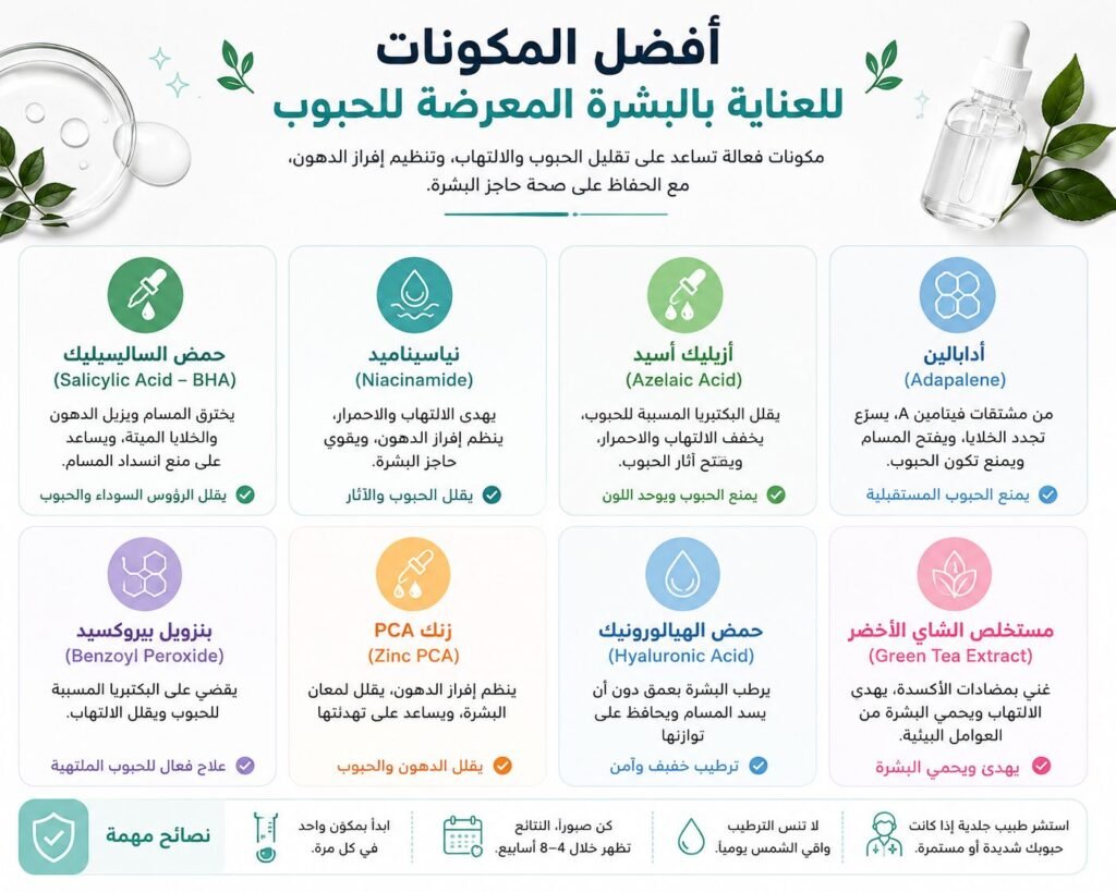 أفضل المكونات للعناية بالبشرة المعرضة للحبوب مثل حمض الساليسيليك والنياسيناميد